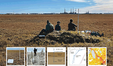 Cover image of three researchers sitting on a bird mound with oil rigs in the background